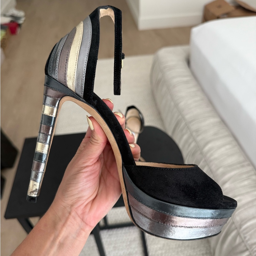 Jimmy Choo Black / Metallic Heels with Ankle Strap Pre Owned Size 35.5